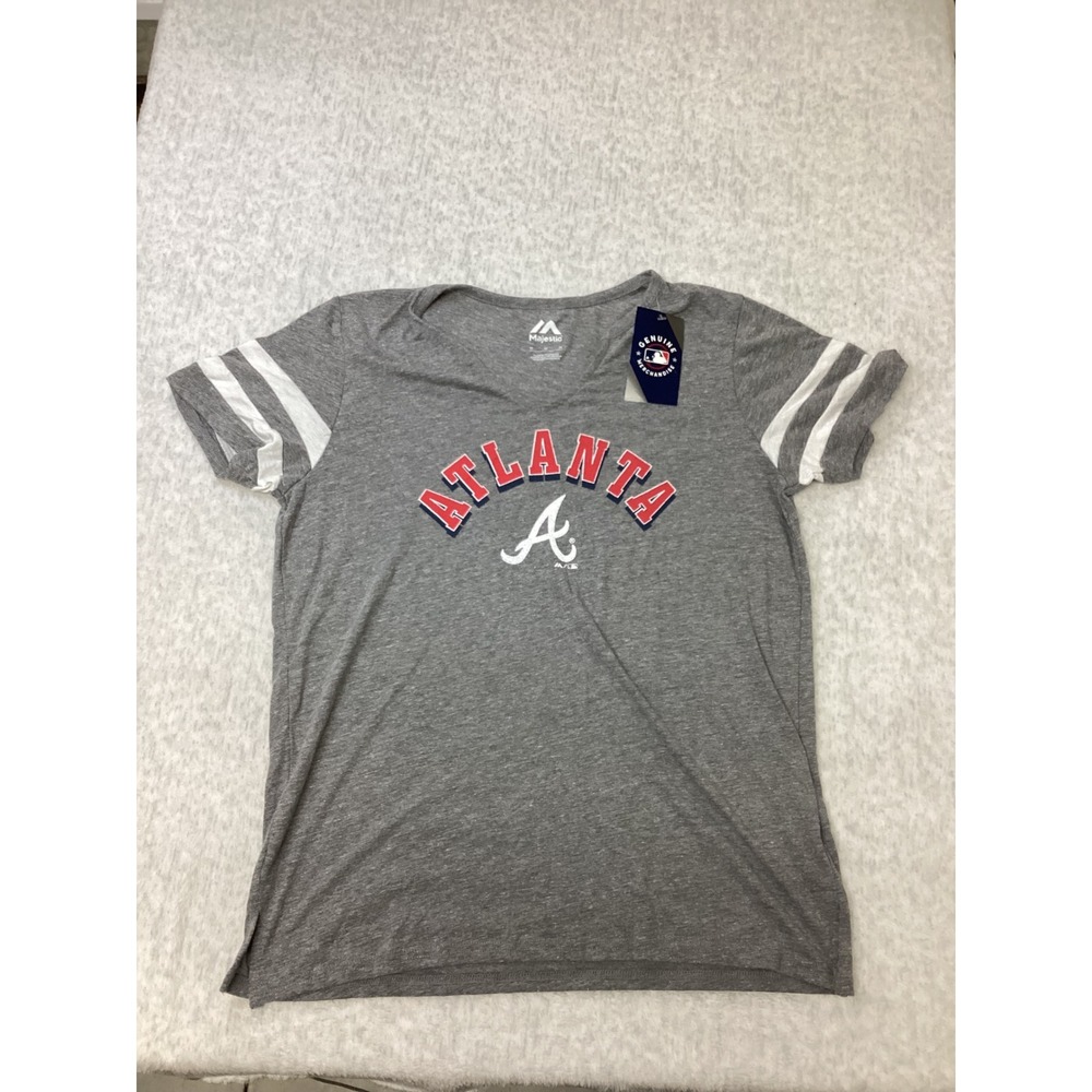 Majestic Atlanta Braves MLB Womens V-Neck Graphic T-Shirt Gray Heather Small NWT